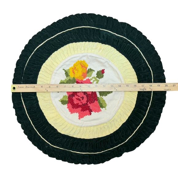 Floral Needlepoint Pillows 2 Round Ruffle Green Velvet Decorative MCM Granny 20" - Picture 12 of 12